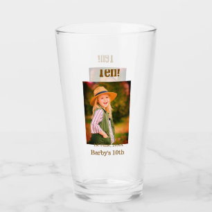 10th birthday photo name date simple brown beige b glass