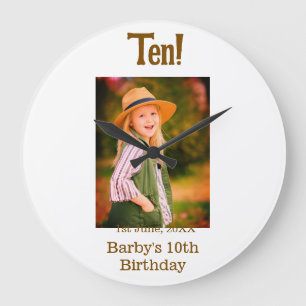 10th birthday photo name date simple brown beige b large clock
