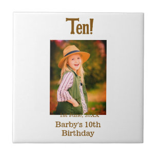 10th birthday photo name date simple brown beige b tile