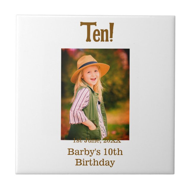 10th birthday photo name date simple brown beige b tile (Front)