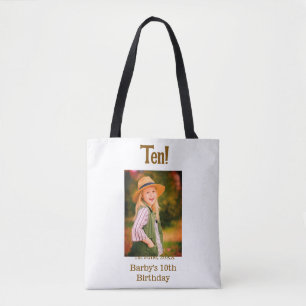 10th birthday photo name date simple brown beige b tote bag