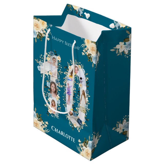 10th Birthday Photo Teal Collage Yellow Flower Medium Gift Bag (Front Angled)