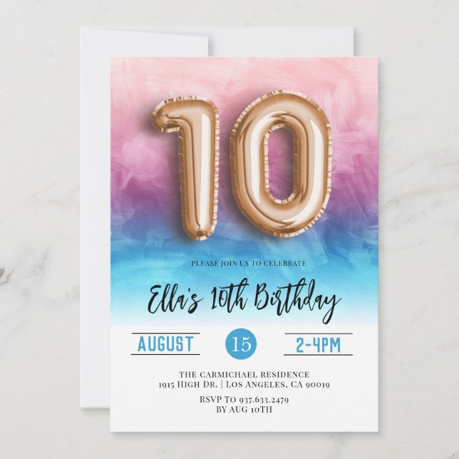 10th Birthday Pink Blue Gradient Invitation (Front)