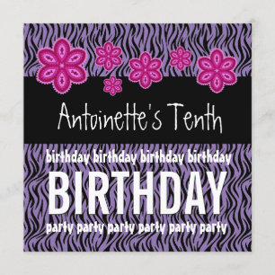 10th Birthday Pink Flowers and Purple Zebra A07 Invitation