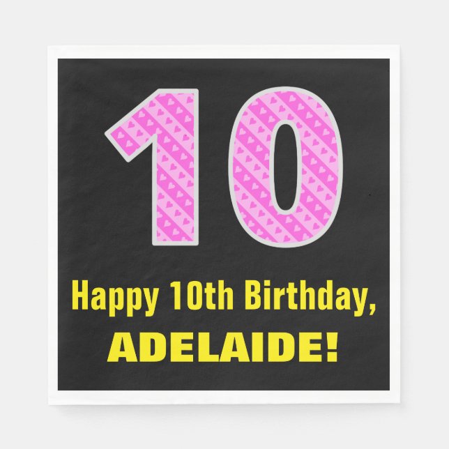 10th Birthday: Pink Stripes and Hearts "10" + Name Napkin (Front)
