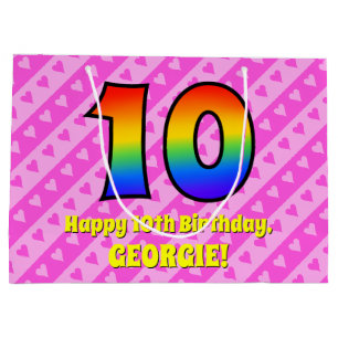 10th Birthday: Pink Stripes & Hearts, Rainbow # 10 Large Gift Bag