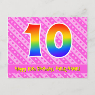 10th Birthday: Pink Stripes & Hearts, Rainbow 10 Postcard