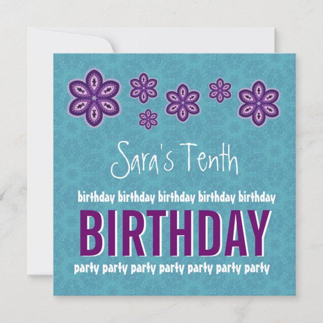 10th Birthday Purple Flowers Custom Name Invitation (Front)