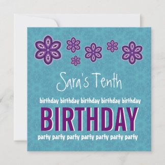 10th Birthday Purple Flowers Custom Name Invitation