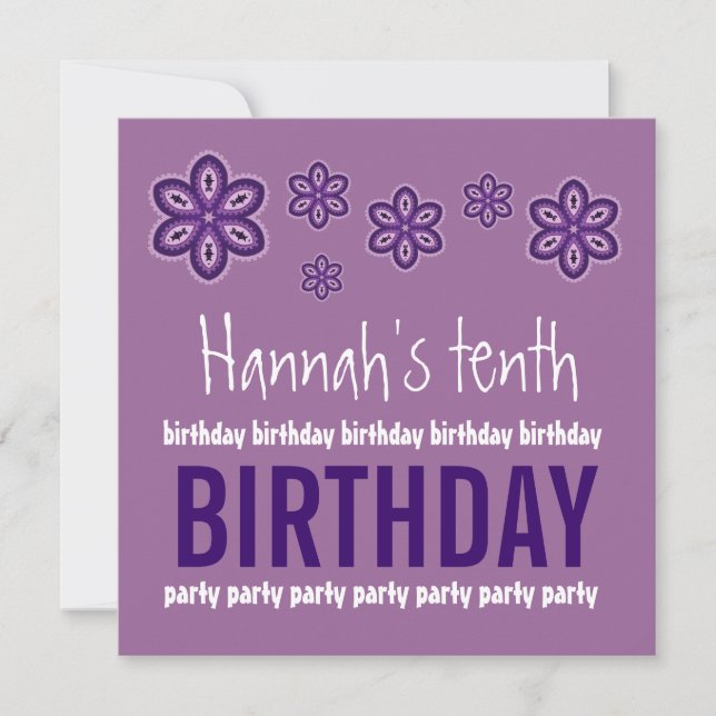 10th Birthday Purple Flowers Custom Name W686 Invitation (Front)