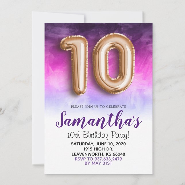10th Birthday Purple Marble Invitation (Front)