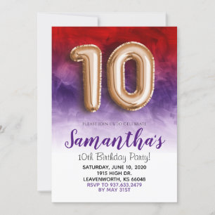 10th Birthday Purple Watercolor Invitation