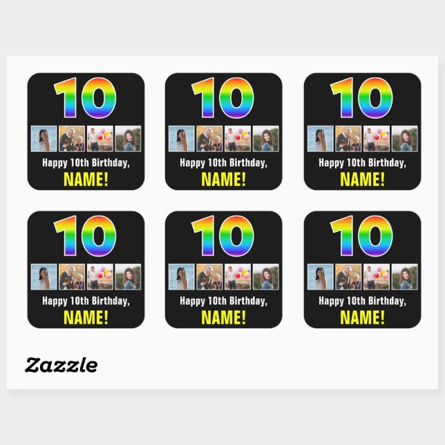 10th Birthday: Rainbow “10”; Custom Photos & Name Square Sticker (Sheet)