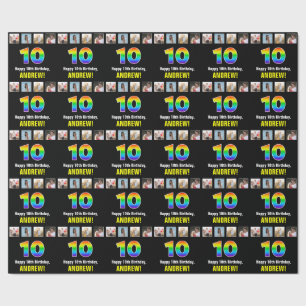 10th Birthday: Rainbow “10“; Custom Photos & Name Wrapping Paper