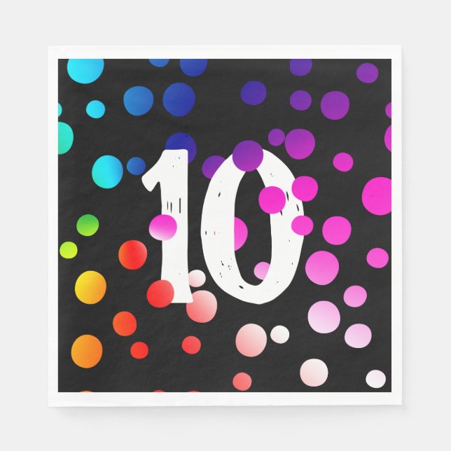 10th Birthday Rainbow Dots on Black Napkin (Front)