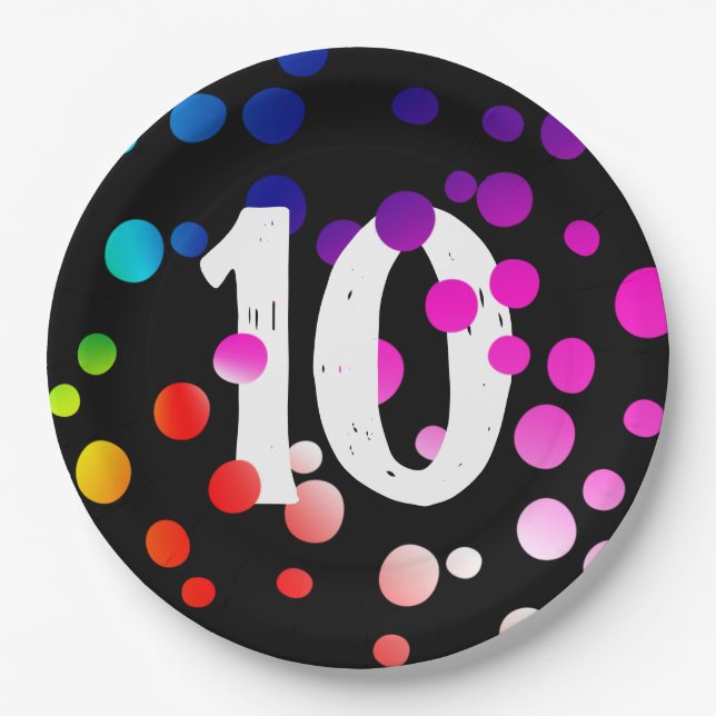 10th Birthday Rainbow Dots on Black Paper Plates (Front)