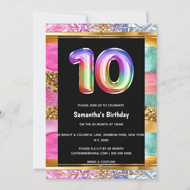 10th birthday rainbow glitter colourful party invitation (Front)
