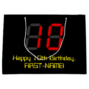 10th Birthday: Red Digital Clock Style "10" + Name Large Gift Bag