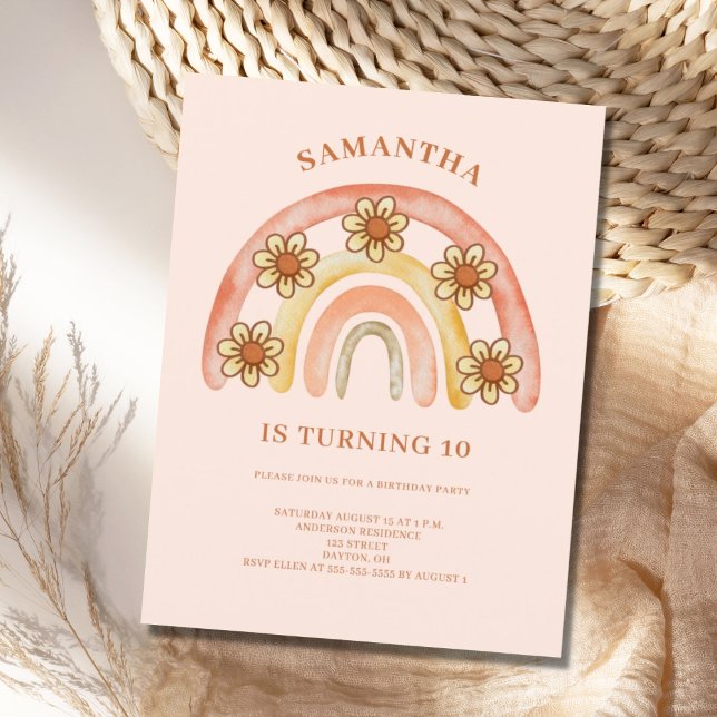 10th Birthday Retro Boho Rainbow Invitation Postcard (Creator Uploaded)
