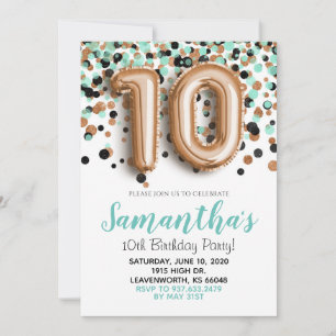 10th Birthday Rose Gold Mint Confetti Invitation