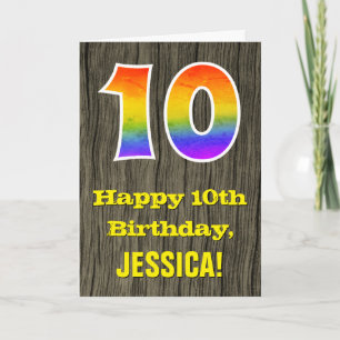 10th Birthday: Rustic Faux Wood Look, Rainbow "10" Card