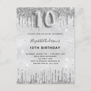 10th birthday silver glitter girl invitation postcard