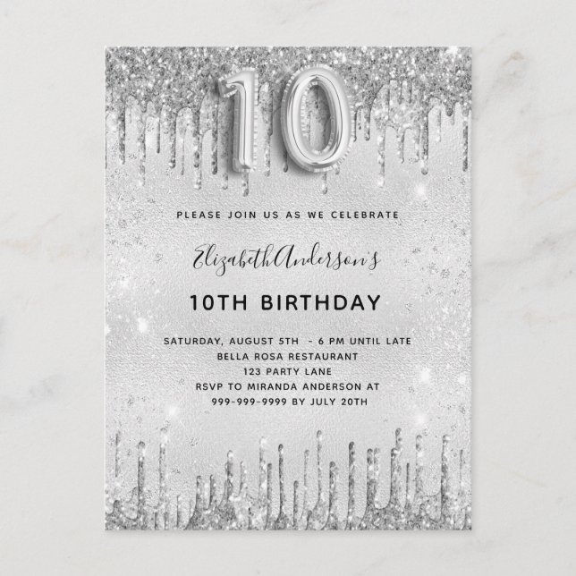 10th birthday silver glitter girl invitation postcard (Front)