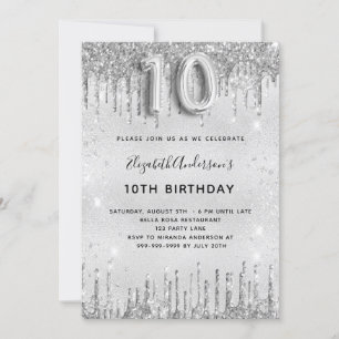 10th birthday silver glitter glamourous girl invitation