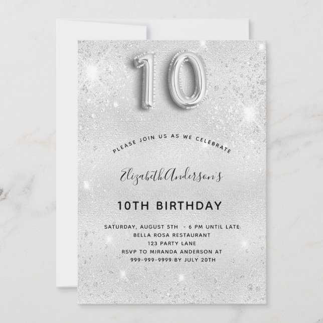 10th birthday silver glitter invitation (Front)
