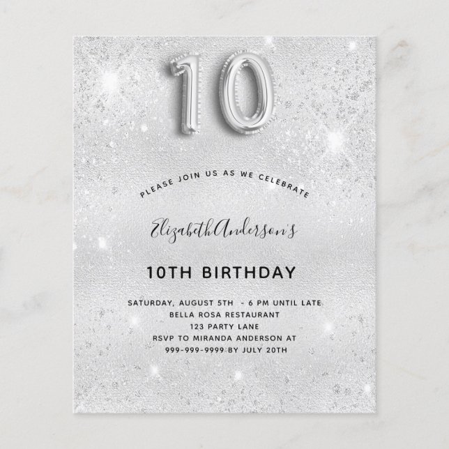 10th birthday silver glitter invitation (Front)