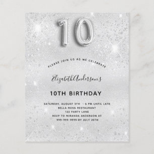 10th birthday silver glitter invitation
