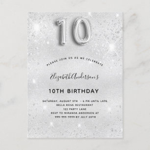 10th birthday silver glitter invitation postcard