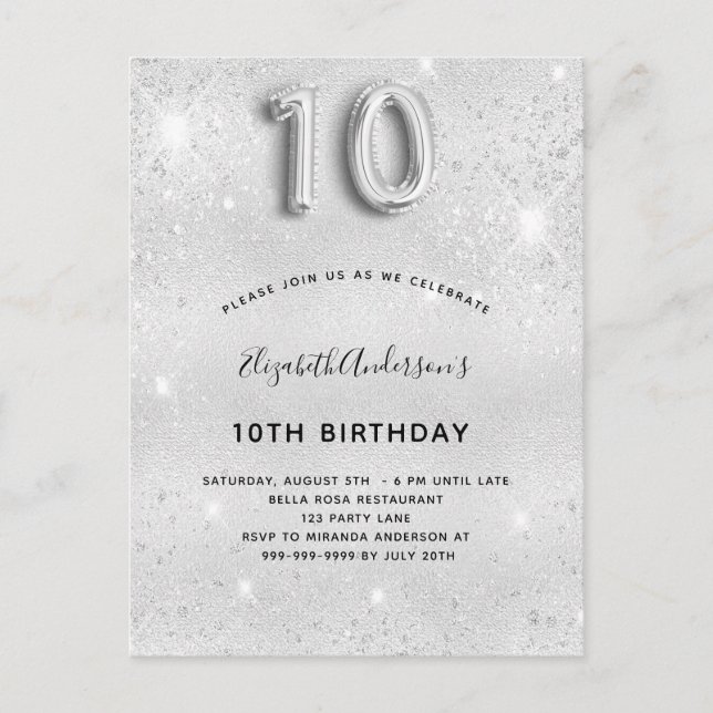 10th birthday silver glitter invitation postcard (Front)