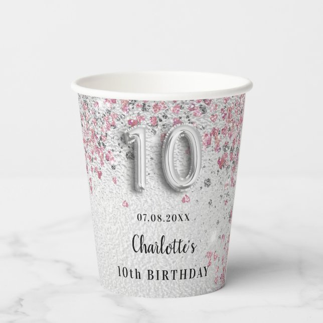 10th Birthday silver pink glitter dust monogram Paper Cups (Back)