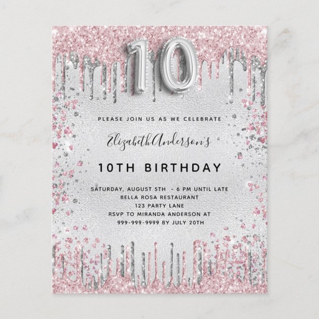 10th birthday silver pink glitter invitation (Front)
