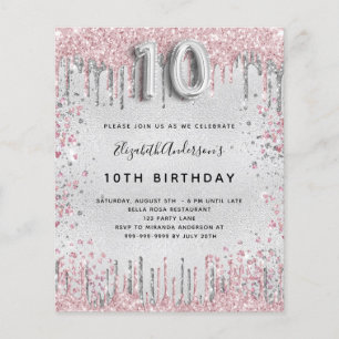 10th birthday silver pink glitter invitation