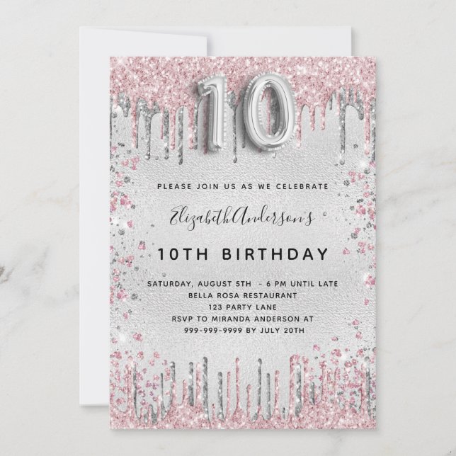 10th birthday silver pink metal glitter dust  invitation (Front)