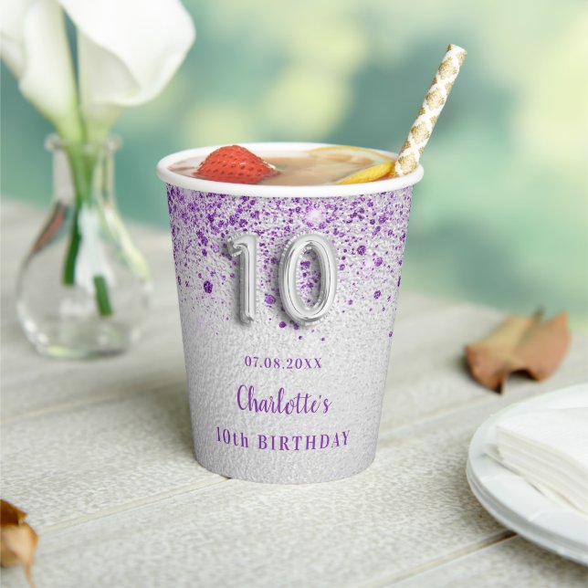 10th Birthday silver purple glitter dust monogram Paper Cups (Insitu)