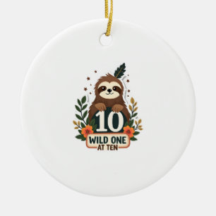 10th Birthday Sloth Vintage Wild One Shirt Ceramic Tree Decoration