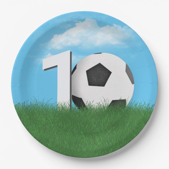 10th Birthday Soccer Ball In Green Grass Paper Plate (Front)
