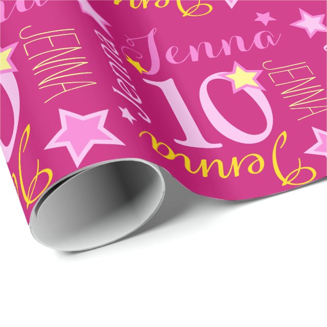 10th birthday star custom name pink yellow wrapping paper (Roll Corner)
