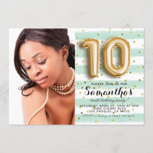 10th Birthday Striped Gold Portrait Invitation