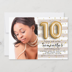 10th Birthday Striped Gold Portrait Invitation