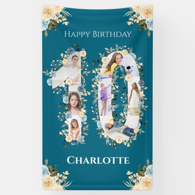 10th Birthday Teal Flower Photo Collage Yellow Banner (Vertical)