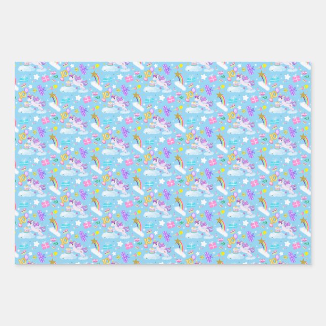 10th Birthday Unicorn Pattern 3 Colours Wrapping  Wrapping Paper Sheet (Front)