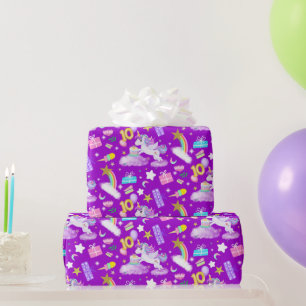 10th Birthday Unicorn Pattern Purple Wrapping Paper