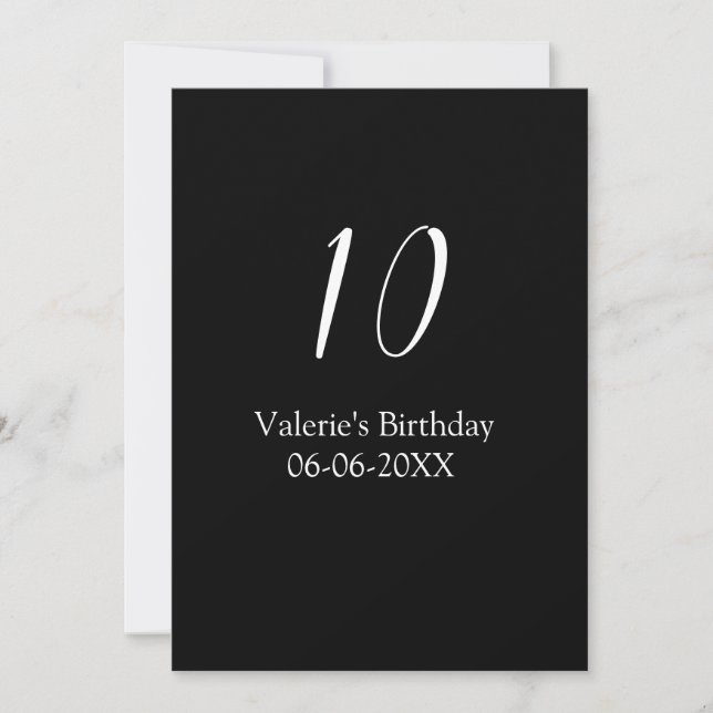 10th birthday white black name date calligraphy  invitation (Front)