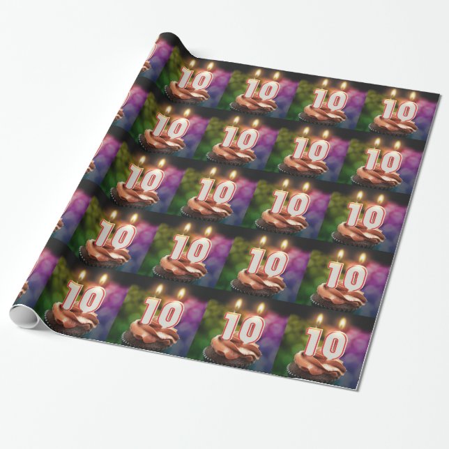 10th Birthday with cake and candles Wrapping Paper (Unrolled)