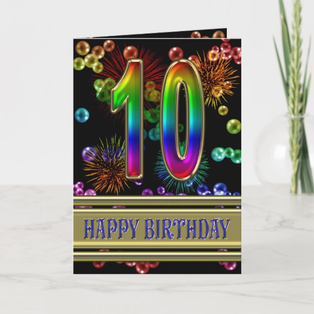 10th Birthday with rainbow bubbles and fireworks Card (Front)