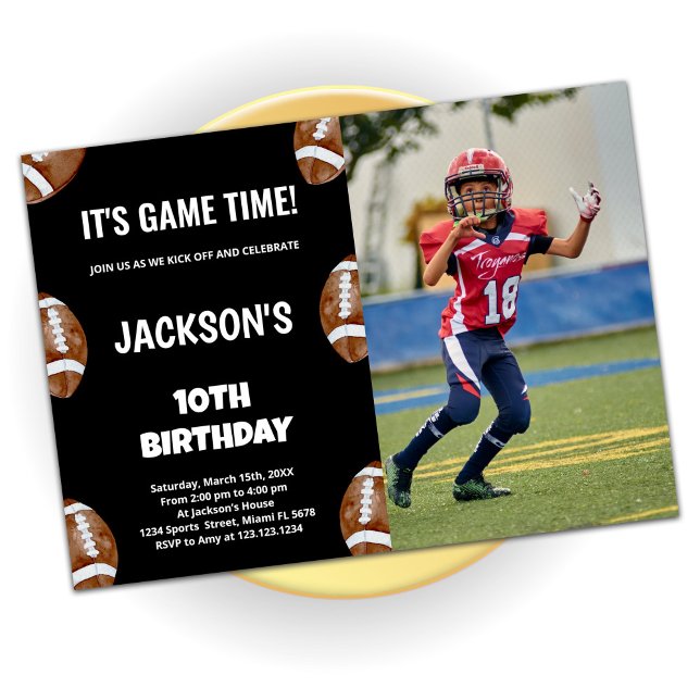 10th Black Football Birthday Invitations w Photo (Creator Uploaded)